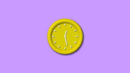 Yellow color 3d wall clock isolated on purple background, 12 hours wall clock