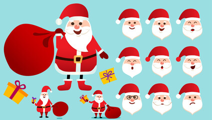 Santa Claus in red clothes. Set of different emotions character Santa. Happy old man with white beard. vector illustration in cartoon style