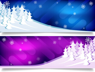 Winter Christmas background. Winter snow forest on the background of blue and purple sky with snowflakes. Free space for text. Vector horizontal promo illustration for web banners.