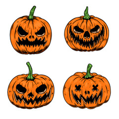 Set of Illustrations of scary halloween pumpkin. Design element for poster,card, banner, sign, emblem. Vector illustration