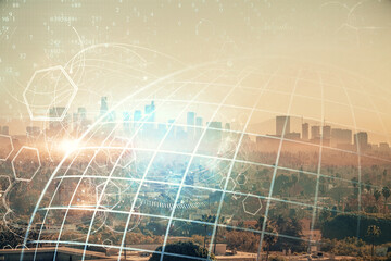 Map and data theme hologram on city view with skyscrapers background double exposure. International technology in business concept.