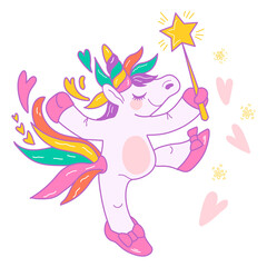 Cartoon unicorn character with magic wand, flat vector illustration isolated on white background. Childish happy unicorn image design for textile prints, stickers and stationary.