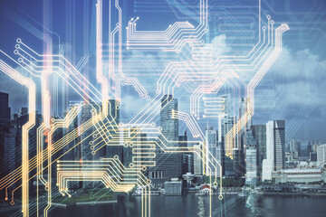 Double exposure of technology theme hologram and cityscape background. Concept of Hightech.
