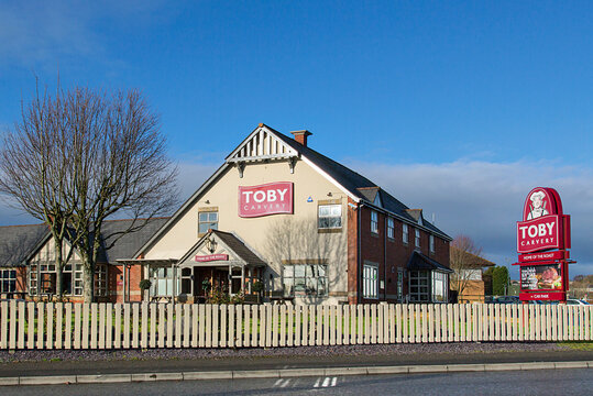 Swansea, UK: September 19, 2017: Front view of a Toby Carvery restaurant. Toby Carvery are a chain brand of over 150 restaurants established for over 30 years. Home of the Roast is their slogan.