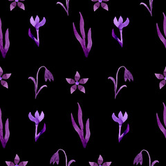 Fototapeta na wymiar pattern lilac flowers on a black background watercolor