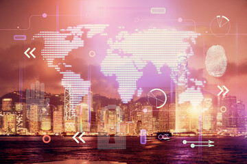 Map and data theme hologram on city view with skyscrapers background double exposure. International technology in business concept.