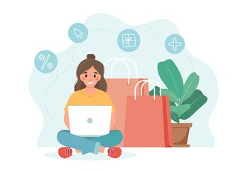 Online shopping concept with woman holding a laptop. Vector illustration template