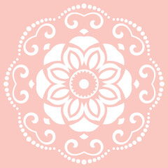 Oriental vector round pink and white pattern with arabesques and floral elements. Traditional classic ornament. Vintage pattern with arabesques