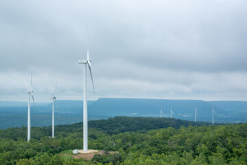 View Wind Turbine On the hill in the morning with Sunrise,copy space.