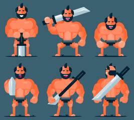 Big body builder man bring sword Flat cartoon character vector Illustration