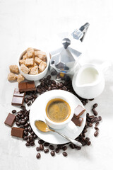 coffee break, concept photo, white background, vertical, top view