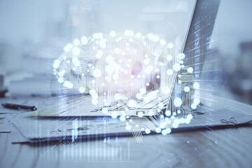 Double exposure of desktop computer and human brain drawing hologram. Ai concept.