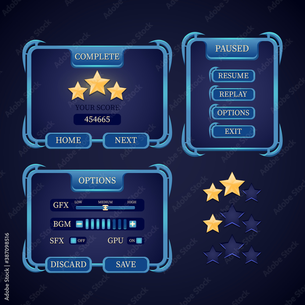 Wall mural game ui kit. fantasy game ui rpg pop up and victory star for 2d rpg games vector illustration