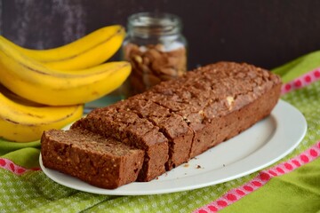 Fototapeta na wymiar Banana almond chocolate loaf cake