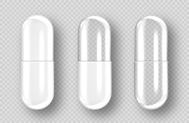Empty pill capsules isolated on transparent background. Vector realistic pharmaceutical capsule - obrazy, fototapety, plakaty