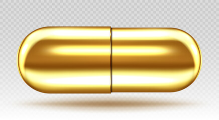 Golden medical capsule isolated on transparent background. Vector realistic illustration