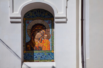 Orthodox icon of the Mother of God from mosaics on the outer wall of the church