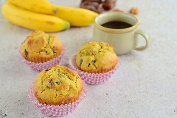 Banana date walnut muffins. Served with coffee 