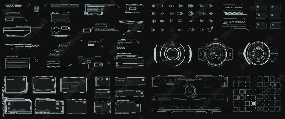Poster futuristic hud elements with link boxes, arrows, callouts, headers, pointers, borders, info fields a