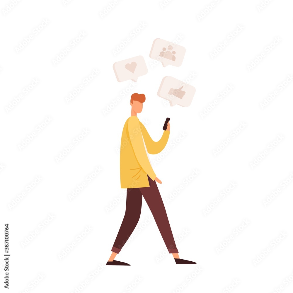 Poster faceless male character using social media, messaging on mobile phone, getting online notifications.