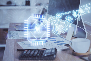 Double exposure of desktop computer and technology theme hologram. Concept of software development.