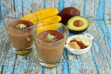 Healthy banana chocolate avocado smoothie drink