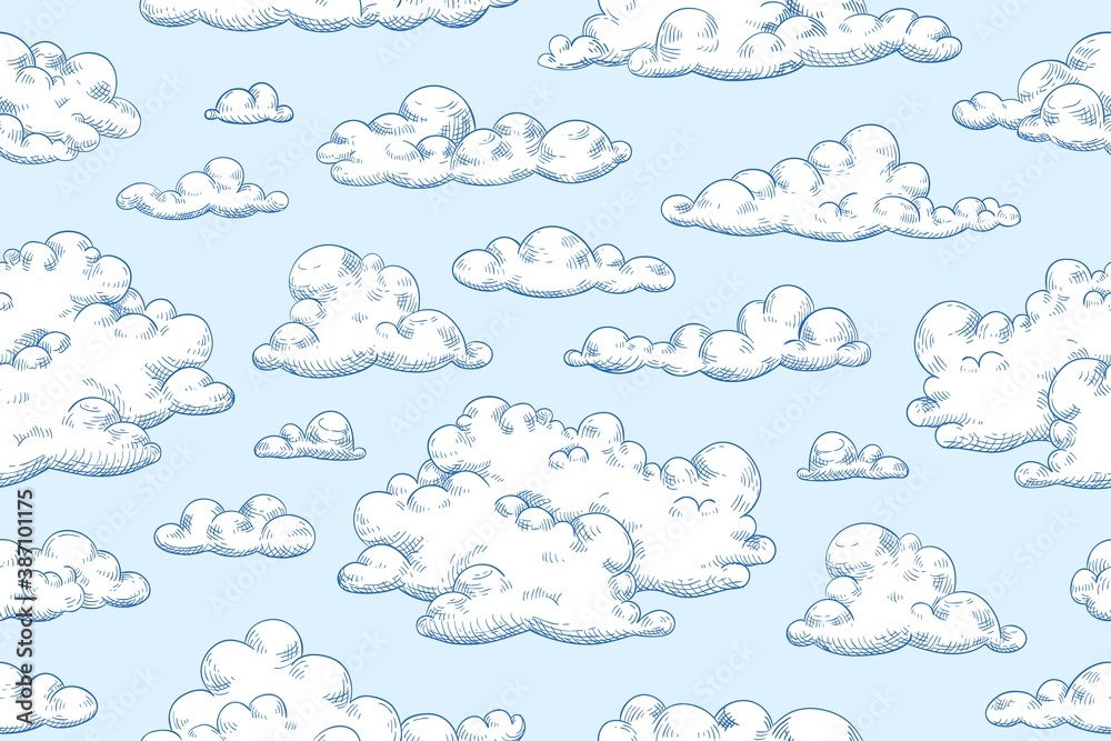 Poster seamless pattern with fluffy clouds or cumulus. hand drawn detailed vintage cloudscape. repeatable b
