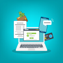 Online payment concept. Laptop with electronic invoice.  
Vector illustration. 