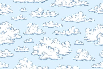 Seamless pattern with fluffy clouds or cumulus. Hand drawn detailed vintage cloudscape. Repeatable background with sky view. Vector illustration