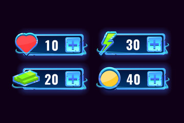 Set of fantasy gui additional panel frame with health, energy, bucks, and coin icon for 2d game ui Vector illustration