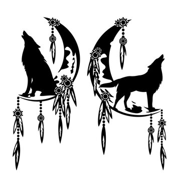 lonely wolf howling at moon crescent decorated with ethnic feather ornament - dream catcher black and white vector design set
