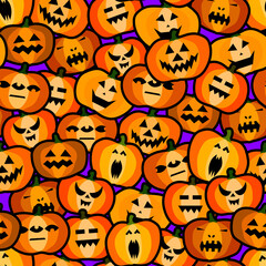 Seamless halloween scary orange pumpkins pattern. Funny, creepy, smiling face on purple backgrounds. Autumn character stickers. Happy Halloween symbol. Spooky vector trick or treat party illustration