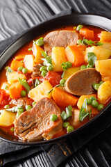 Stew of potatoes carrots peas beef tongue and tomatoes close-up in a bowl on the table. vertical