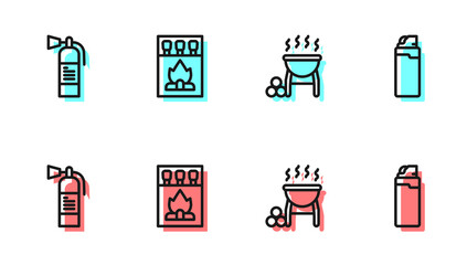 Set line Barbecue grill, Fire extinguisher, Matchbox and matches and Lighter icon. Vector.