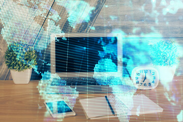 Multi exposure of business theme icons and work space with computer background. Concept of success.