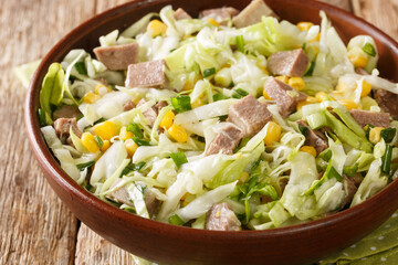 Fresh salad with beef tongue, cabbage and corn close-up in a bowl on the table. Horizontal