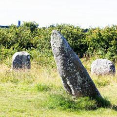 The central leaning stone of the Boscawen-žn Stone Circle, a late Neolithic-early Bronze Age (approx. 2500-1500 BC) monument, west Cornwall, England, UK.
