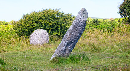 The central leaning stone of the Boscawen-žn Stone Circle, a late Neolithic-early Bronze Age (approx. 2500-1500 BC) monument, west Cornwall, England, UK.