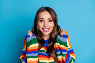Fototapeta premium Close-up portrait of her she nice-looking attractive pretty cute lovely cheerful cheery brown-haired lady expecting good news isolated bright vivid shine vibrant blue color background