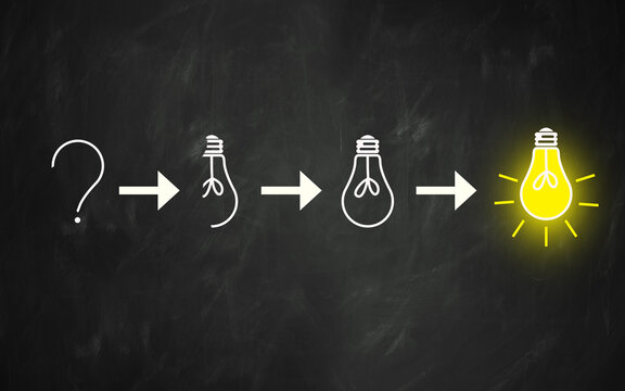 Question mark became Light bulb. Growing Idea Process Concept,   doodle art using light bulb illustration  on chalkboard background