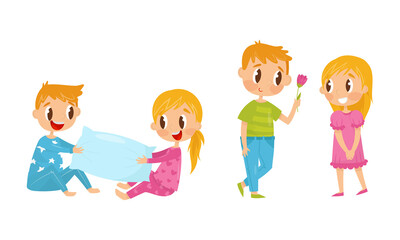 Little Boy and Girl Pillow Fighting and Giving Flower Vector Illustration Set