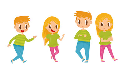 Little Boy and Girl Playing Catch-up and Getting Angry with Each Other Vector Illustration Set