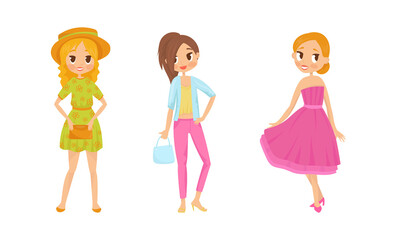 Pretty Teenager Girls Dressed in Fashionable Clothing Vector Illustration Set