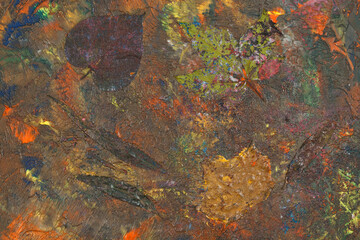 Pomalowane i zatopione liście w farbie, w namalowanym, abstrakcyjnym tle, struktura. - obrazy, fototapety, plakaty