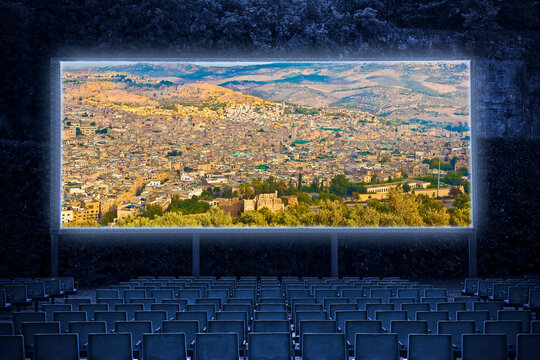 Fes Aerial Panoramic Landscape With The Medieval Medina, The Mountain On Background And Olive Grove In The Foreground - Outdoor Cinema Concept Image