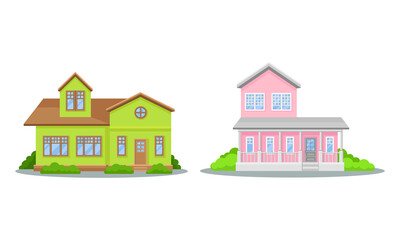 Residential Houses Exterior with Green Bushes Vector Set