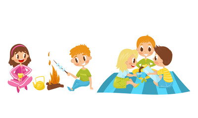 Obraz na płótnie Canvas Little Boy and Girl Cooking Marshmallow and Having Picnic Vector Illustration Set