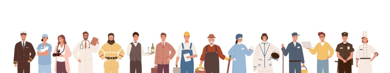 Obraz na płótnie Canvas Collection of people of different professions isolated on white background. Backdrop with male and female workers. Specialists in uniform. Vector illustration in flat cartoon style