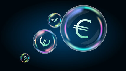 Euro EUR coin symbol in soap bubble. The US economy is inflated and burst. The financial pyramid will be destroyed. Vector EPS10.