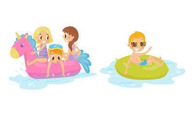 Obraz na płótnie Canvas Cute Girl and Boy Swimming with Rubber Ring Vector Illustration Set